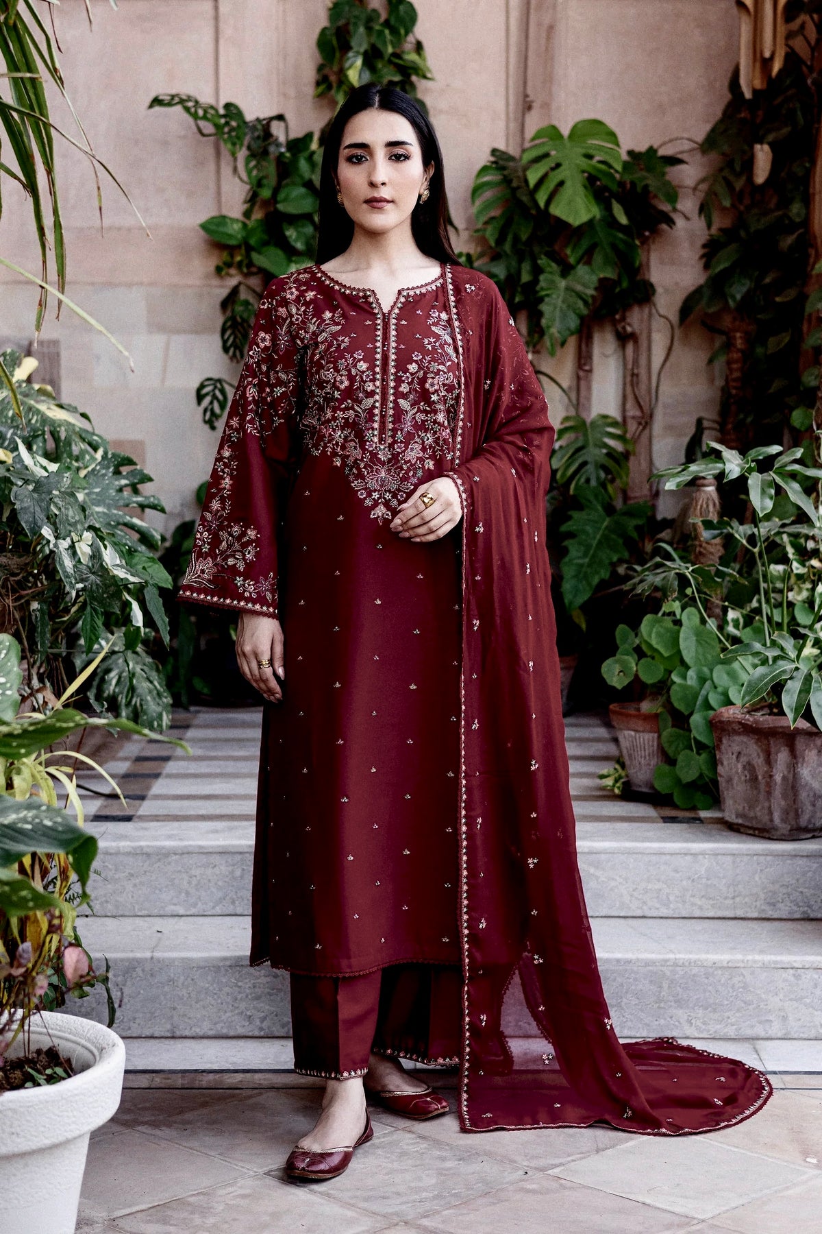 Batik dhanak 3pc maroon