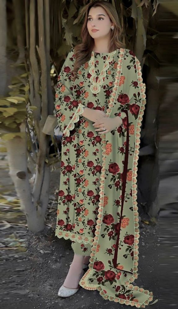 Aneela's 4 corner Embroidery lawn 3pc(green)